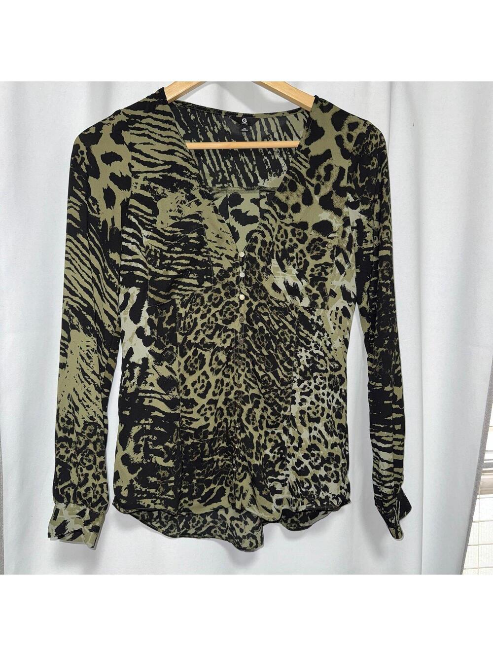 animal print long-sleeve blouse XS
